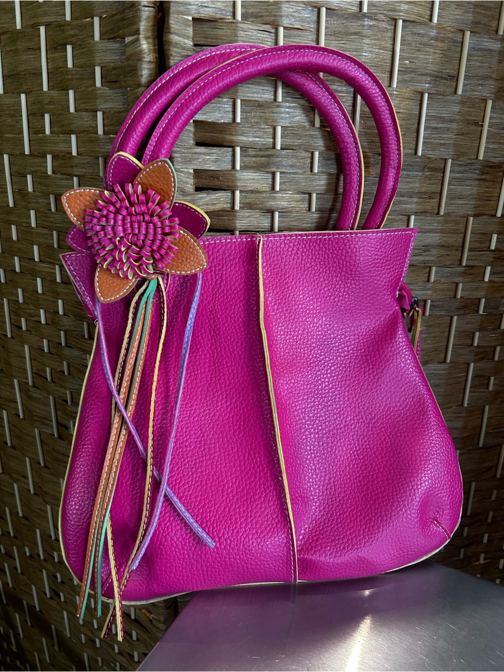 Mellow World Fuchsia Pink Tote Bag Floral Tassel Charm Pebbled Faux Leather